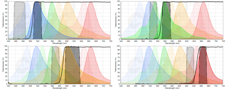 One single, four-band filter set to detect nucleotides conjugated to FAM, HEX, ROX or C5. Optimized for use with LEDs with output in the spectral regions of 465-475nm, 520-535nm, 580-595nm & 635-645n.