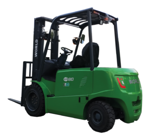 The World Lithium is an 8,820-pound lifting capacity, fast-charging, all-weather electric forklift for indoor and outdoor use.