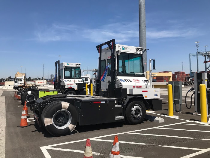 Seven BYD battery-electric yard tractors are working in a one-year demonstration at International Transportation Service's Pier G terminal at the Port of Long Beach.