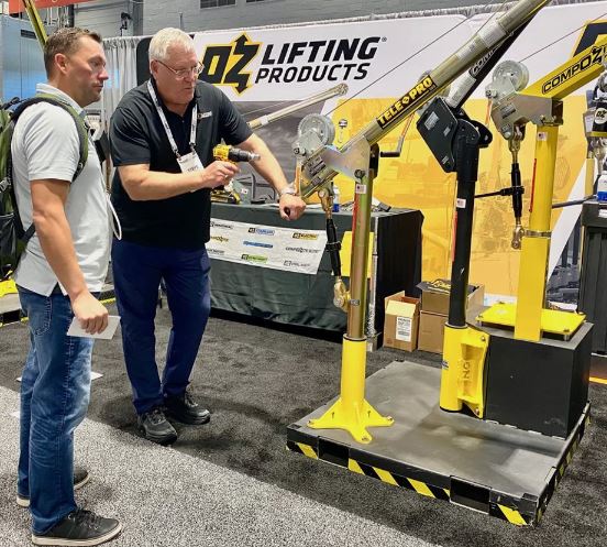 Steve Napieralski, president at OZ Lifting, demos the Tele-Pro davit crane at last year’s WEFTEC.