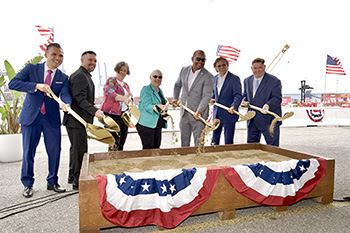 Breaking ground Friday, July 11, on a $365 million terminal expansion project at the ITS terminal at Pier G in the Port of Long Beach are, from left: Port of Long Beach COO Dr. Noel Hacegaba, ILWU Local 13 President Gary Herrera, Long Beach Harbor Commissioner Sharon L. Weissman, Long Beach Harbor Commission President Bonnie Lowenthal, Long Beach Mayor Rex Richardson, Port of Long Beach CEO Mario Cordero and ITS Long Beach CEO Kim Holtermand.
